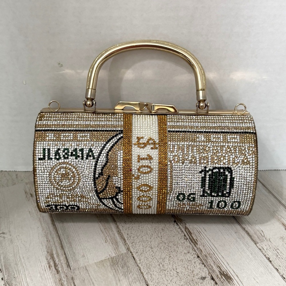Clutch Evening Bag $10000 Dollar Bill Rhinestone Cylinder Novelty Vegas Party